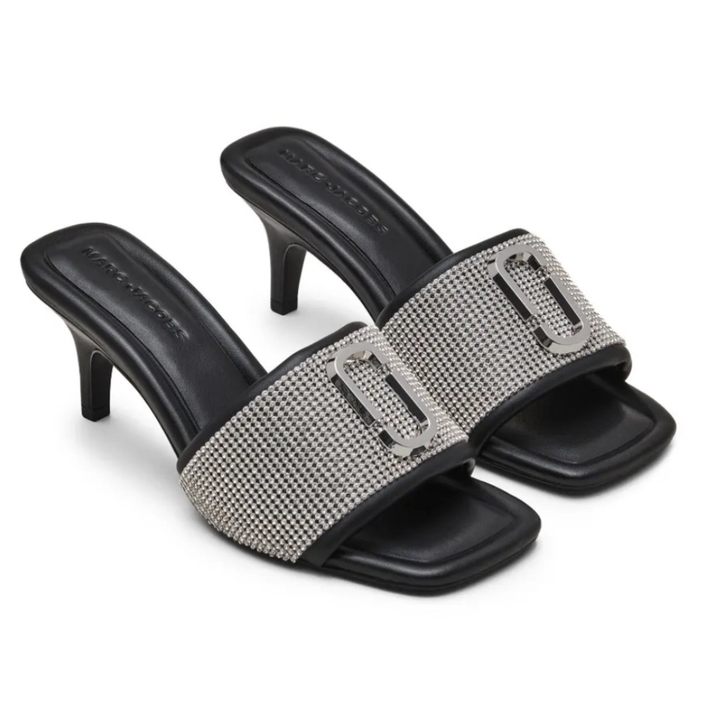 NEW Marc Jacobs The Rhinestone J Bling Logo Square Toe Slide Mule Kitten Heel 36